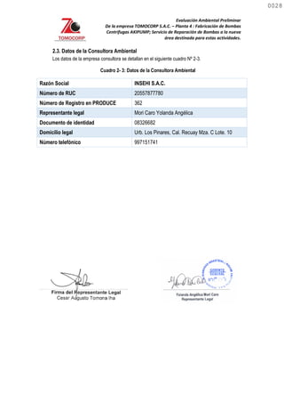 Evaluación Ambiental Preliminar
De la empresa TOMOCORP S.A.C. – Planta 4 : Fabricación de Bombas
Centrifugas AKIPUMP; Servicio de Reparación de Bombas a la nueva
área destinada para estas actividades.
2.3. Datos de la Consultora Ambiental
Los datos de la empresa consultora se detallan en el siguiente cuadro Nº 2-3.
Cuadro 2- 3: Datos de la Consultora Ambiental
Razón Social INSEHI S.A.C.
Número de RUC 20557877780
Número de Registro en PRODUCE 362
Representante legal Mori Caro Yolanda Angélica
Documento de identidad 08326682
Domicilio legal Urb. Los Pinares, Cal. Recuay Mza. C Lote. 10
Número telefónico 997151741
0028
0028
 