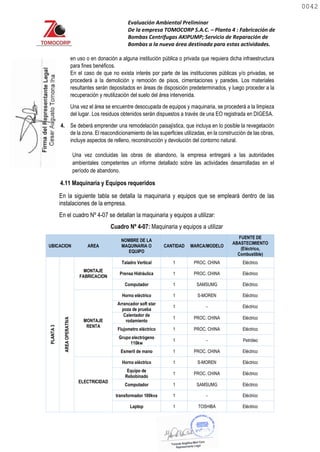 Evaluación Ambiental Preliminar
De la empresa TOMOCORP S.A.C. – Planta 4 : Fabricación de
Bombas Centrifugas AKIPUMP; Servicio de Reparación de
Bombas a la nueva área destinada para estas actividades.
en uso o en donación a alguna institución pública o privada que requiera dicha infraestructura
para fines benéficos.
En el caso de que no exista interés por parte de las instituciones públicas y/o privadas, se
procederá a la demolición y remoción de pisos, cimentaciones y paredes. Los materiales
resultantes serán depositados en áreas de disposición predeterminados, y luego proceder a la
recuperación y reutilización del suelo del área intervenida.
Una vez el área se encuentre desocupada de equipos y maquinaria, se procederá a la limpieza
del lugar. Los residuos obtenidos serán dispuestos a través de una EO registrada en DIGESA.
4. Se deberá emprender una remodelación paisajística, que incluya en lo posible la revegetación
de la zona. El reacondicionamiento de las superficies utilizadas, en la construcción de las obras,
incluye aspectos de relleno, reconstrucción y devolución del contorno natural.
Una vez concluidas las obras de abandono, la empresa entregará a las autoridades
ambientales competentes un informe detallado sobre las actividades desarrolladas en el
período de abandono.
4.11 Maquinaria y Equipos requeridos
En la siguiente tabla se detalla la maquinaria y equipos que se empleará dentro de las
instalaciones de la empresa.
En el cuadro Nº 4-07 se detallan la maquinaria y equipos a utilizar:
Cuadro Nº 4-07: Maquinaria y equipos a utilizar
UBICACION AREA
NOMBRE DE LA
MAQUINARIA O
EQUIPO
CANTIDAD MARCA/MODELO
FUENTE DE
ABASTECIMIENTO
(Eléctrico,
Combustible)
PLANTA
3
AREA
OPERATIVA
MONTAJE
FABRICACION
Taladro Vertical 1 PROC. CHINA Eléctrico
Prensa Hidráulica 1 PROC. CHINA Eléctrico
Computador 1 SAMSUMG Eléctrico
MONTAJE
RENTA
Horno eléctrico 1 S-MOREN Eléctrico
Arrancador soft star
poza de prueba
1 - Eléctrico
Calentador de
rodamiento
1 PROC. CHINA Eléctrico
Flujometro eléctrico 1 PROC. CHINA Eléctrico
Grupo electrógeno
110kw
1 - Petróleo
Esmeril de mano 1 PROC. CHINA Eléctrico
ELECTRICIDAD
Horno eléctrico 1 S-MOREN Eléctrico
Equipo de
Rebobinado
1 PROC. CHINA Eléctrico
Computador 1 SAMSUMG Eléctrico
transformador 100kva 1 - Eléctrico
Laptop 1 TOSHIBA Eléctrico
0042
0042
 