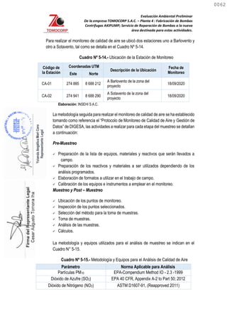 Evaluación Ambiental Preliminar
De la empresa TOMOCORP S.A.C. – Planta 4 : Fabricación de Bombas
Centrifugas AKIPUMP; Servicio de Reparación de Bombas a la nueva
área destinada para estas actividades.
Para realizar el monitoreo de calidad de aire se ubicó dos estaciones uno a Barlovento y
otro a Sotavento, tal como se detalla en el Cuadro Nº 5-14.
Cuadro Nº 5-14.- Ubicación de la Estación de Monitoreo
Código de
la Estación
Coordenadas UTM
Descripción de la Ubicación
Fecha de
Monitoreo
Este Norte
CA-01 274 885 8 688 212
A Barlovento de la zona del
proyecto
18/09/2020
CA-02 274 941 8 688 290
A Sotavento de la zona del
proyecto
18/09/2020
Elaboración: INSEHI S.A.C.
La metodología seguida para realizar el monitoreo de calidad de aire se ha establecido
tomando como referencia el “Protocolo de Monitoreo de Calidad de Aire y Gestión de
Datos” de DIGESA, las actividades a realizar para cada etapa del muestreo se detallan
a continuación:
Pre-Muestreo
 Preparación de la lista de equipos, materiales y reactivos que serán llevados a
campo.
 Preparación de los reactivos y materiales a ser utilizados dependiendo de los
análisis programados.
 Elaboración de formatos a utilizar en el trabajo de campo.
 Calibración de los equipos e instrumentos a emplear en el monitoreo.
Muestreo y Post – Muestreo
 Ubicación de los puntos de monitoreo.
 Inspección de los puntos seleccionados.
 Selección del método para la toma de muestras.
 Toma de muestras.
 Análisis de las muestras.
 Cálculos.
La metodología y equipos utilizados para el análisis de muestreo se indican en el
Cuadro N° 5-15.
Cuadro Nº 5-15.- Metodología y Equipos para el Análisis de Calidad de Aire
Parámetro Norma Aplicable para Análisis
Partículas PM10 EPA-Compendium Method IO - 2.3 -1999
Dióxido de Azufre (SO2) EPA 40 CFR, Appendix A-2 to Part 50; 2012
Dióxido de Nitrógeno (NO2) ASTM D1607-91, (Reapproved 2011)
0062
0062
 