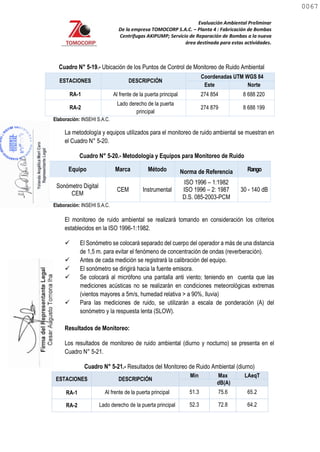 Evaluación Ambiental Preliminar
De la empresa TOMOCORP S.A.C. – Planta 4 : Fabricación de Bombas
Centrifugas AKIPUMP; Servicio de Reparación de Bombas a la nueva
área destinada para estas actividades.
Cuadro N° 5-19.- Ubicación de los Puntos de Control de Monitoreo de Ruido Ambiental
ESTACIONES DESCRIPCIÓN
Coordenadas UTM WGS 84
Este Norte
RA-1 Al frente de la puerta principal 274 854 8 688 220
RA-2
Lado derecho de la puerta
principal
274 879 8 688 199
Elaboración: INSEHI S.A.C.
La metodología y equipos utilizados para el monitoreo de ruido ambiental se muestran en
el Cuadro N° 5-20.
Cuadro N° 5-20.- Metodología y Equipos para Monitoreo de Ruido
Equipo Marca Método Norma de Referencia Rango
Sonómetro Digital
CEM
CEM Instrumental
ISO 1996 – 1:1982
ISO 1996 – 2: 1987
D.S. 085-2003-PCM
30 - 140 dB
Elaboración: INSEHI S.A.C.
El monitoreo de ruido ambiental se realizará tomando en consideración los criterios
establecidos en la ISO 1996-1:1982.
 El Sonómetro se colocará separado del cuerpo del operador a más de una distancia
de 1,5 m. para evitar el fenómeno de concentración de ondas (reverberación).
 Antes de cada medición se registrará la calibración del equipo.
 El sonómetro se dirigirá hacia la fuente emisora.
 Se colocará al micrófono una pantalla anti viento; teniendo en cuenta que las
mediciones acústicas no se realizarán en condiciones meteorológicas extremas
(vientos mayores a 5m/s, humedad relativa > a 90%, lluvia)
 Para las mediciones de ruido, se utilizarán a escala de ponderación (A) del
sonómetro y la respuesta lenta (SLOW).
Resultados de Monitoreo:
Los resultados de monitoreo de ruido ambiental (diurno y nocturno) se presenta en el
Cuadro N° 5-21.
Cuadro N° 5-21.- Resultados del Monitoreo de Ruido Ambiental (diurno)
ESTACIONES DESCRIPCIÓN
Min Max LAeqT
dB(A)
RA-1 Al frente de la puerta principal 51.3 75.6 65.2
RA-2 Lado derecho de la puerta principal 52.3 72.8 64.2
0067
0067
 
