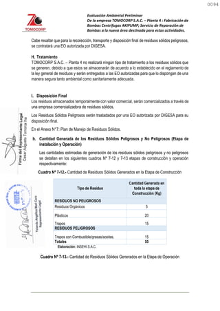 Evaluación Ambiental Preliminar
De la empresa TOMOCORP S.A.C. – Planta 4 : Fabricación de
Bombas Centrifugas AKIPUMP; Servicio de Reparación de
Bombas a la nueva área destinada para estas actividades.
Cabe resaltar que para la recolección, transporte y disposición final de residuos sólidos peligrosos,
se contratará una EO autorizada por DIGESA.
H. Tratamiento
TOMOCORP S.A.C. – Planta 4 no realizará ningún tipo de tratamiento a los residuos sólidos que
se generen, debido a que estos se almacenarán de acuerdo a lo establecido en el reglamento de
la ley general de residuos y serán entregados a las EO autorizadas para que lo dispongan de una
manera segura tanto ambiental como sanitariamente adecuada.
I. Disposición Final
Los residuos almacenados temporalmente con valor comercial, serán comercializados a través de
una empresa comercializadora de residuos sólidos.
Los Residuos Sólidos Peligrosos serán trasladados por una EO autorizada por DIGESA para su
disposición final.
En el Anexo N°7: Plan de Manejo de Residuos Sólidos.
b. Cantidad Generada de los Residuos Sólidos Peligrosos y No Peligrosos (Etapa de
instalación y Operación)
Las cantidades estimadas de generación de los residuos sólidos peligrosos y no peligrosos
se detallan en los siguientes cuadros Nº 7-12 y 7-13 etapas de construcción y operación
respectivamente:
Cuadro Nº 7-12.- Cantidad de Residuos Sólidos Generados en la Etapa de Construcción
Tipo de Residuo
Cantidad Generada en
toda la etapa de
Construcción (Kg)
RESIDUOS NO PELIGROSOS
Residuos Orgánicos 5
Plásticos 20
Trapos 15
RESIDUOS PELIGROSOS
Trapos con Combustible/grasas/aceites. 15
Totales 55
Elaboración: INSEHI S.A.C.
Cuadro Nº 7-13.- Cantidad de Residuos Sólidos Generados en la Etapa de Operación
0094
0094
 