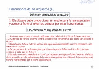 Ingeniería del Software I
Ingeniería de Requisitos
Dimensiones de los requisitos (iii)
Definición de requisitos de usuario
1. El software debe proporcionar un medio para la representación
y acceso a ficheros externos creados por otras herramientas
Especificación de requisitos del sistema
1.1 Hay que proporcionar al usuario utilidades para definir el tipo de los ficheros externos
1.2 Cada tipo de fichero externo tendrá asociado una herramienta que podrá ser aplicada al
fichero
1.3 Cada tipo de fichero externo podrá estar representado mediante un icono específico en la
interfaz del usuario
1.4 Se proporcionarán utilidades para que el usuario pueda definirse el tipo de icono que
asociará a cada tipo de fichero
1.5 Cuando un usuario seleccione un icono que representa un tipo de fichero externo, el efecto
de la selección será la aplicación de la herramienta asociada con el tipo de fichero externo al
fichero representado por el icono seleccionado
Universidad de Salamanca - Dpto. de Informática y Automática 21
 