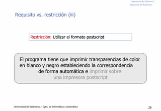 Ingeniería del Software I
Ingeniería de Requisitos
Requisito vs. restricción (iii)
Restricción: Utilizar el formato postscript
El programa tiene que imprimir transparencias de color
en blanco y negro estableciendo la correspondencia
de forma automática e imprimir sobre
una impresora postscript
Universidad de Salamanca - Dpto. de Informática y Automática 28
 
