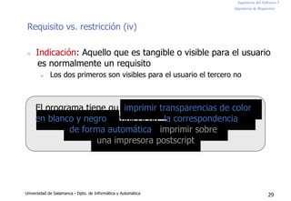 Ingeniería del Software I
Ingeniería de Requisitos
Requisito vs. restricción (iv)
n Indicación: Aquello que es tangible o visible para el usuario
es normalmente un requisito
n Los dos primeros son visibles para el usuario el tercero no
El programa tiene qu imprimir transparencias de color
en blanco y negro estableciend la correspondencia
de forma automática imprimir sobre
una impresora postscript
Universidad de Salamanca - Dpto. de Informática y Automática 29
 