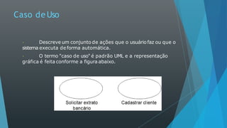 Caso de Uso
Descreve um conjunto de ações que o usuário faz ou que o
sistema executa deforma automática.
O termo "caso de uso" é padrão UML e a representação
gráfica é feita conforme a figura abaixo.
 