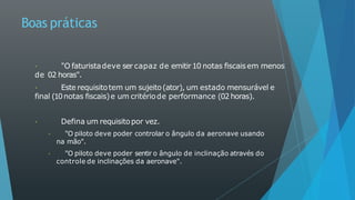 Boas práticas
"O faturistadeve ser capaz de emitir10 notas fiscais em menos
de 02 horas".
Este requisitotem um sujeito(ator), um estado mensurável e
final (10notas fiscais)e um critériode performance (02horas).
Defina um requisitopor vez.
"O piloto deve poder controlar o ângulo da aeronave usando
na mão".
"O piloto deve poder sentir o ângulo de inclinação através do
controle de inclinações da aeronave".
 