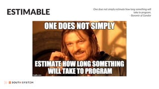 ESTIMABLE
One does not simply estimate how long something will
take to program.
- Boromir of Gondor
 