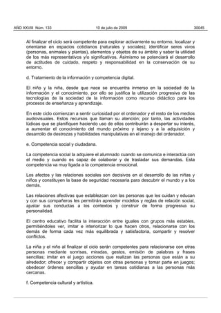 AÑO XXVIII Núm. 133                          10 de julio de 2009                            30045


      Al finalizar el ciclo será competente para explorar activamente su entorno, localizar y
      orientarse en espacios cotidianos (naturales y sociales); identificar seres vivos
      (personas, animales y plantas), elementos y objetos de su ámbito y saber la utilidad
      de los más representativos y/o significativos. Asimismo se potenciará el desarrollo
      de actitudes de cuidado, respeto y responsabilidad en la conservación de su
      entorno.

      d. Tratamiento de la información y competencia digital.

      El niño y la niña, desde que nace se encuentra inmerso en la sociedad de la
      información y el conocimiento, por ello se justifica la utilización progresiva de las
      tecnologías de la sociedad de la información como recurso didáctico para los
      procesos de enseñanza y aprendizaje.

      En este ciclo comienzan a sentir curiosidad por el ordenador y el resto de los medios
      audiovisuales. Estos recursos que llaman su atención; por tanto, las actividades
      lúdicas que se planifiquen haciendo uso de ellos contribuirán a despertar su interés,
      a aumentar el conocimiento del mundo próximo y lejano y a la adquisición y
      desarrollo de destrezas y habilidades manipulativas en el manejo del ordenador.

      e. Competencia social y ciudadana.

      La competencia social la adquiere el alumnado cuando se comunica e interactúa con
      el medio y cuando es capaz de colaborar y de trasladar sus demandas. Esta
      competencia va muy ligada a la competencia emocional.

      Los afectos y las relaciones sociales son decisivos en el desarrollo de las niñas y
      niños y constituyen la base de seguridad necesaria para descubrir el mundo y a los
      demás.

      Las relaciones afectivas que establezcan con las personas que les cuidan y educan
      y con sus compañeros les permitirán aprender modelos y reglas de relación social,
      ajustar sus conductas a los contextos y construir de forma progresiva su
      personalidad.

      El centro educativo facilita la interacción entre iguales con grupos más estables,
      permitiéndoles ver, imitar e interiorizar lo que hacen otros, relacionarse con los
      demás de forma cada vez más equilibrada y satisfactoria, compartir y resolver
      conflictos.

      La niña y el niño al finalizar el ciclo serán competentes para relacionarse con otras
      personas mediante sonrisas, miradas, gestos, emisión de palabras y frases
      sencillas; imitar en el juego acciones que realizan las personas que están a su
      alrededor; ofrecer y compartir objetos con otras personas y tomar parte en juegos;
      obedecer órdenes sencillas y ayudar en tareas cotidianas a las personas más
      cercanas.

      f. Competencia cultural y artística.
 