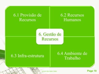 6.1 Provisão de                          6.2 Recursos
    Recursos                                Humanos


               6. Gestão de
                 Recursos


                                         6.4 Ambiente de
6.3 Infra-estrutura
                                             Trabalho

                   NP EN ISO 9001/2008                   Page 10
 