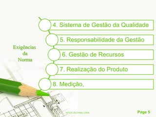 4. Sistema de Gestão da Qualidade

               5. Responsabilidade da Gestão
Exigências
    da          6. Gestão de Recursos
  Norma
               7. Realização do Produto

             8. Medição,



                 NP EN ISO 9001/2008      Page 5
 