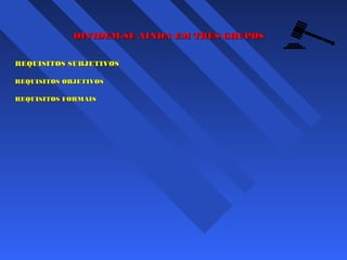 DIVIDEM-SE AINDA EM TRÊS GRUPOSDIVIDEM-SE AINDA EM TRÊS GRUPOS
REQUISITOS SUBJETIVOSREQUISITOS SUBJETIVOS
REQUISITOS OBJETIVOSREQUISITOS OBJETIVOS
REQUISITOS FORMAISREQUISITOS FORMAIS
 