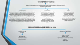REQUISITOS DEVALIDEZ
según el tratadista Bacacorzo los requisitos de validez son la competencia, legitimidad forma y
manifestación de voluntad.
LA COMPETENCIA.
Un acto administrativo es legitimo cuando ha sido proferido por
el órgano competente. La competencia es la cantidad de
potestad que tiene un órgano del estado para proferir un acto o
como lo define Gordillo: "el conjunto de facultades que un
órgano puede legítimamente ejercer en razón de la materia, el
territorio, el grado y el tiempo"(Gordillo:Tratado de Derecho
Administrativo, t. III Buenos Aires, Ed. Machi 1996); por lo tanto
ningún agente publico puede ejercer su actividad sino dentro del
marco de la competencia jurídica que se le ah atribuido.
LEGITIMIDAD.
Todos los actos y cada uno de ellos
en si deben estar arreglados a
derecho. El abuso, exceso y la
desviación es ilicitud y conducen a
la anulada y responsabilidad
consiguientes.
También se considera a este
segundo componente como el
objeto del mismo, obviamente
licito
FORMA
Complejo de requisitos y
formalidades que deben
cumplirse, tanto en la
substanciación como en su
culminación, esto es en la
expresión de voluntad en lo que lo
concreta, teniendo en cuenta su
valides y su eficacia.
REQUISITOS DEVALIDEZ SEGÚN LA LOPA
REQUISITOS DE
FORMA
MOTIVACION
EXTERIORIZACION
FORMALIDADES
REQUISITOS DE FONDO
COMPETENCIA
BASE LEGAL
PERTINENCIA,CAUSA O MOTIVO
OBJETO
FINALIDAD
 