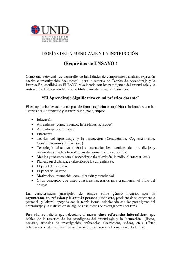 Requisitos del ENSAYO de la asignatura de TEORÍAS DEL