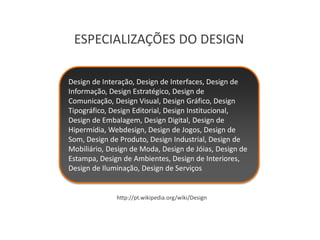 ESPECIALIZAÇÕES DO DESIGN

Design de Interação, Design de Interfaces, Design de
Informação, Design Estratégico, Design de
Comunicação, Design Visual, Design Gráfico, Design
Tipográfico, Design Editorial, Design Institucional,
Design de Embalagem, Design Digital, Design de
Hipermídia, Webdesign, Design de Jogos, Design de
Som, Design de Produto, Design Industrial, Design de
Mobiliário, Design de Moda, Design de Jóias, Design de
Estampa, Design de Ambientes, Design de Interiores,
Design de Iluminação, Design de Serviços


              http://pt.wikipedia.org/wiki/Design
 