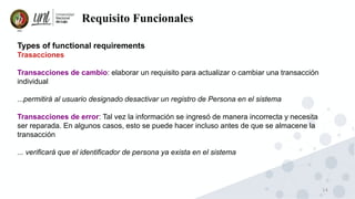 14
Requisito Funcionales
Types of functional requirements
Trasacciones
Transacciones de cambio: elaborar un requisito para actualizar o cambiar una transacción
individual
...permitirá al usuario designado desactivar un registro de Persona en el sistema
Transacciones de error: Tal vez la información se ingresó de manera incorrecta y necesita
ser reparada. En algunos casos, esto se puede hacer incluso antes de que se almacene la
transacción
... verificará que el identificador de persona ya exista en el sistema
 