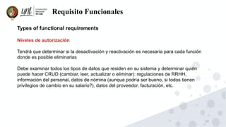 18
Requisito Funcionales
Types of functional requirements
Niveles de autorización
Tendrá que determinar si la desactivación y reactivación es necesaria para cada función
donde es posible eliminarlas
Debe examinar todos los tipos de datos que residen en su sistema y determinar quién
puede hacer CRUD (cambiar, leer, actualizar o eliminar): regulaciones de RRHH,
información del personal, datos de nómina (aunque podría ser bueno, si todos tienen
privilegios de cambio en su salario?), datos del proveedor, facturación, etc.
 