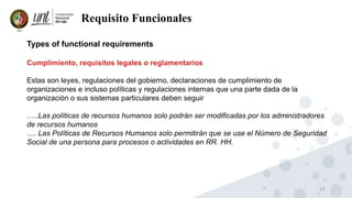 23
Requisito Funcionales
Types of functional requirements
Cumplimiento, requisitos legales o reglamentarios
Estas son leyes, regulaciones del gobierno, declaraciones de cumplimiento de
organizaciones e incluso políticas y regulaciones internas que una parte dada de la
organización o sus sistemas particulares deben seguir
…..Las políticas de recursos humanos solo podrán ser modificadas por los administradores
de recursos humanos
…. Las Políticas de Recursos Humanos solo permitirán que se use el Número de Seguridad
Social de una persona para procesos o actividades en RR. HH.
 
