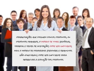 organizações que possuem poucos produtos, ou

 produtos pequenos, o modelo de times (estórias,

tarefas e testes de aceitação) pode ser suficiente,

mais o modelo de programa (features e requisitos

    não-funcionais) pode ser suficiente para

       gerenciar a evolução dos produtos
 