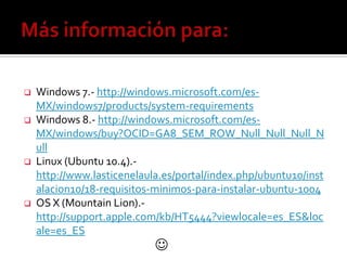  Windows 7.- http://windows.microsoft.com/es-
MX/windows7/products/system-requirements
 Windows 8.- http://windows.microsoft.com/es-
MX/windows/buy?OCID=GA8_SEM_ROW_Null_Null_Null_N
ull
 Linux (Ubuntu 10.4).-
http://www.lasticenelaula.es/portal/index.php/ubuntu10/inst
alacion10/18-requisitos-minimos-para-instalar-ubuntu-1004
 OS X (Mountain Lion).-
http://support.apple.com/kb/HT5444?viewlocale=es_ES&loc
ale=es_ES

 