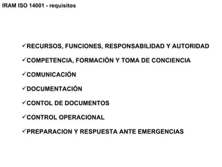 IRAM ISO 14001 - requisitos




       RECURSOS, FUNCIONES, RESPONSABILIDAD Y AUTORIDAD

       COMPETENCIA, FORMACIÓN Y TOMA DE CONCIENCIA

       COMUNICACIÓN

       DOCUMENTACIÓN

       CONTOL DE DOCUMENTOS

       CONTROL OPERACIONAL

       PREPARACION Y RESPUESTA ANTE EMERGENCIAS
 