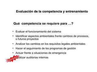 Evaluación de la competencia y entrenamiento


    Qué competencia se requiere para …?

    • Evaluar el funcionamiento del sistema
    • Identificar aspectos ambientales frente cambios de procesos,
      o futuros proyectos
    • Analizar los cambios en los requisitos legales ambientales
    • Hacer el seguimiento de los programas de gestión
    • Actuar frente a situaciones de emergencia
     • plos
         Realizar auditorias internas
    m
eje
 