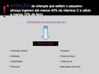 evitar refeições pesadas e de difícil digestão.Segundo a UNICEF: vamos dar-lhe a conhecer alguns requisitos para um desenvolvimento infantil saudávelMãe saudável que recebe alimentação adequada
