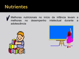 NutrientesMelhoras nutricionais no início da infância levam a melhoras no desempenho intelectual durante a adolescência