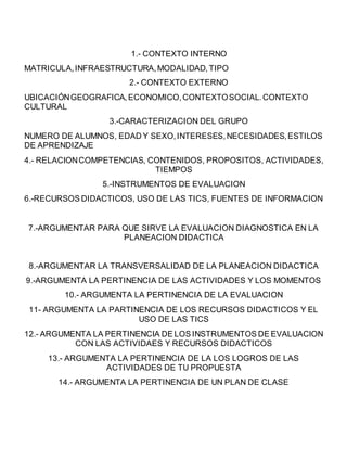 1.- CONTEXTO INTERNO
MATRICULA,INFRAESTRUCTURA,MODALIDAD, TIPO
2.- CONTEXTO EXTERNO
UBICACIÓNGEOGRAFICA, ECONOMICO,CONTEXTOSOCIAL.CONTEXTO
CULTURAL
3.-CARACTERIZACION DEL GRUPO
NUMERO DE ALUMNOS, EDAD Y SEXO,INTERESES,NECESIDADES,ESTILOS
DE APRENDIZAJE
4.- RELACIONCOMPETENCIAS, CONTENIDOS, PROPOSITOS, ACTIVIDADES,
TIEMPOS
5.-INSTRUMENTOS DE EVALUACION
6.-RECURSOS DIDACTICOS, USO DE LAS TICS, FUENTES DE INFORMACION
7.-ARGUMENTAR PARA QUE SIRVE LA EVALUACION DIAGNOSTICA EN LA
PLANEACION DIDACTICA
8.-ARGUMENTAR LA TRANSVERSALIDAD DE LA PLANEACION DIDACTICA
9.-ARGUMENTA LA PERTINENCIA DE LAS ACTIVIDADES Y LOS MOMENTOS
10.- ARGUMENTA LA PERTINENCIA DE LA EVALUACION
11- ARGUMENTA LA PARTINENCIA DE LOS RECURSOS DIDACTICOS Y EL
USO DE LAS TICS
12.- ARGUMENTA LA PERTINENCIA DE LOS INSTRUMENTOS DE EVALUACION
CON LAS ACTIVIDAES Y RECURSOS DIDACTICOS
13.- ARGUMENTA LA PERTINENCIA DE LA LOS LOGROS DE LAS
ACTIVIDADES DE TU PROPUESTA
14.- ARGUMENTA LA PERTINENCIA DE UN PLAN DE CLASE
 