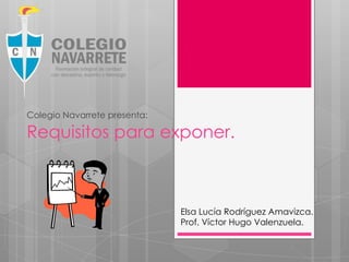 Colegio Navarrete presenta:

Requisitos para exponer.

Elsa Lucía Rodríguez Amavizca.
Prof. Víctor Hugo Valenzuela.

 