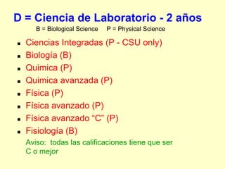 D = Ciencia de Laboratorio - 2 años
       B = Biological Science   P = Physical Science

   Ciencias Integradas (P - CSU only)
   Biología (B)
   Quimica (P)
   Quimica avanzada (P)
   Física (P)
   Física avanzado (P)
   Física avanzado “C” (P)
   Fisiología (B)
    Aviso: todas las calificaciones tiene que ser
    C o mejor
 