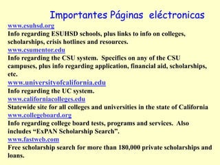 Importantes Páginas eléctronicas
www.esuhsd.org
Info regarding ESUHSD schools, plus links to info on colleges,
scholarships, crisis hotlines and resources.
www.csumentor.edu
Info regarding the CSU system. Specifics on any of the CSU
campuses, plus info regarding application, financial aid, scholarships,
etc.
www.universityofcalifornia.edu
Info regarding the UC system.
www.californiacolleges.edu
Statewide site for all colleges and universities in the state of California
www.collegeboard.org
Info regarding college board tests, programs and services. Also
includes “ExPAN Scholarship Search”.
www.fastweb.com
Free scholarship search for more than 180,000 private scholarships and
loans.
 
