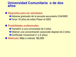 Universidad Comunitaria o de dos
  años

 Requisitos para ser admitados:
   Haberse graduado de la escuela secundaria /CAHSEE
   Tener 18 años de edad /Pasar el GED

 Posibilidades profesionales
   Transferir a una universidad de 4 años
   Obtener una concentración (associate degree) de 2 años
   Certificado Vocacional (1 o 2 años)
 Matricula: Más o menos $5,000
 