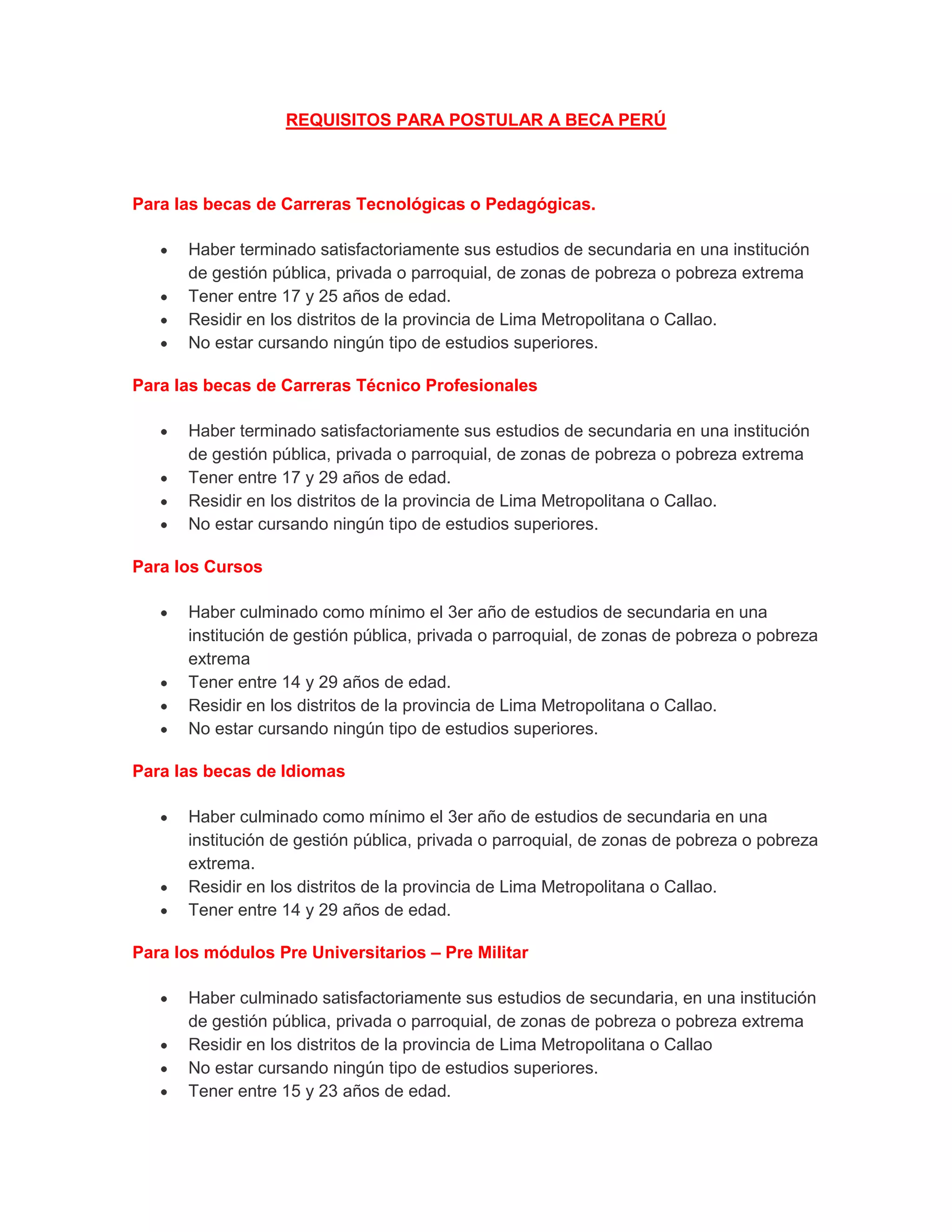 Requisitos para postular al programa Beca Perú | PDF