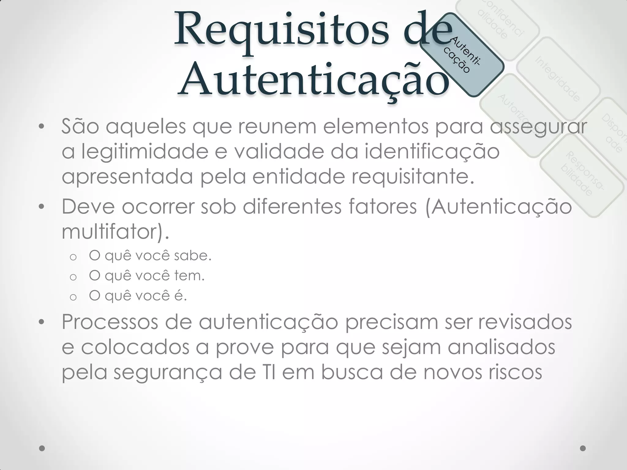 Requisitos de
Autenticação
• São aqueles que reunem elementos para assegurar
a legitimidade e validade da identificação
apresentada pela entidade requisitante.
• Deve ocorrer sob diferentes fatores (Autenticação
multifator).
o O quê você sabe.
o O quê você tem.
o O quê você é.
• Processos de autenticação precisam ser revisados
e colocados a prove para que sejam analisados
pela segurança de TI em busca de novos riscos
 