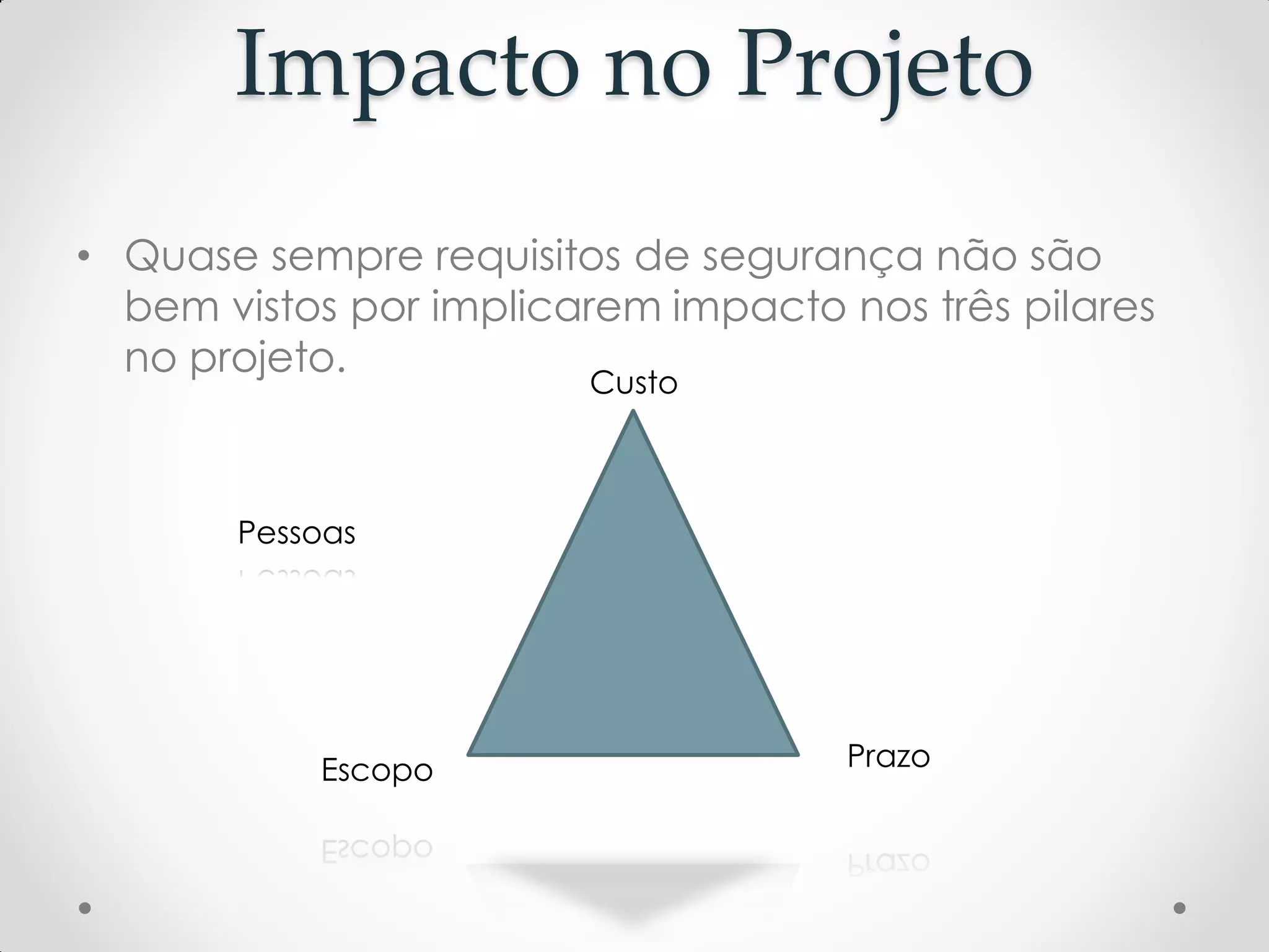 Impacto no Projeto
• Quase sempre requisitos de segurança não são
bem vistos por implicarem impacto nos três pilares
no projeto.
Custo
Escopo Prazo
Pessoas
 