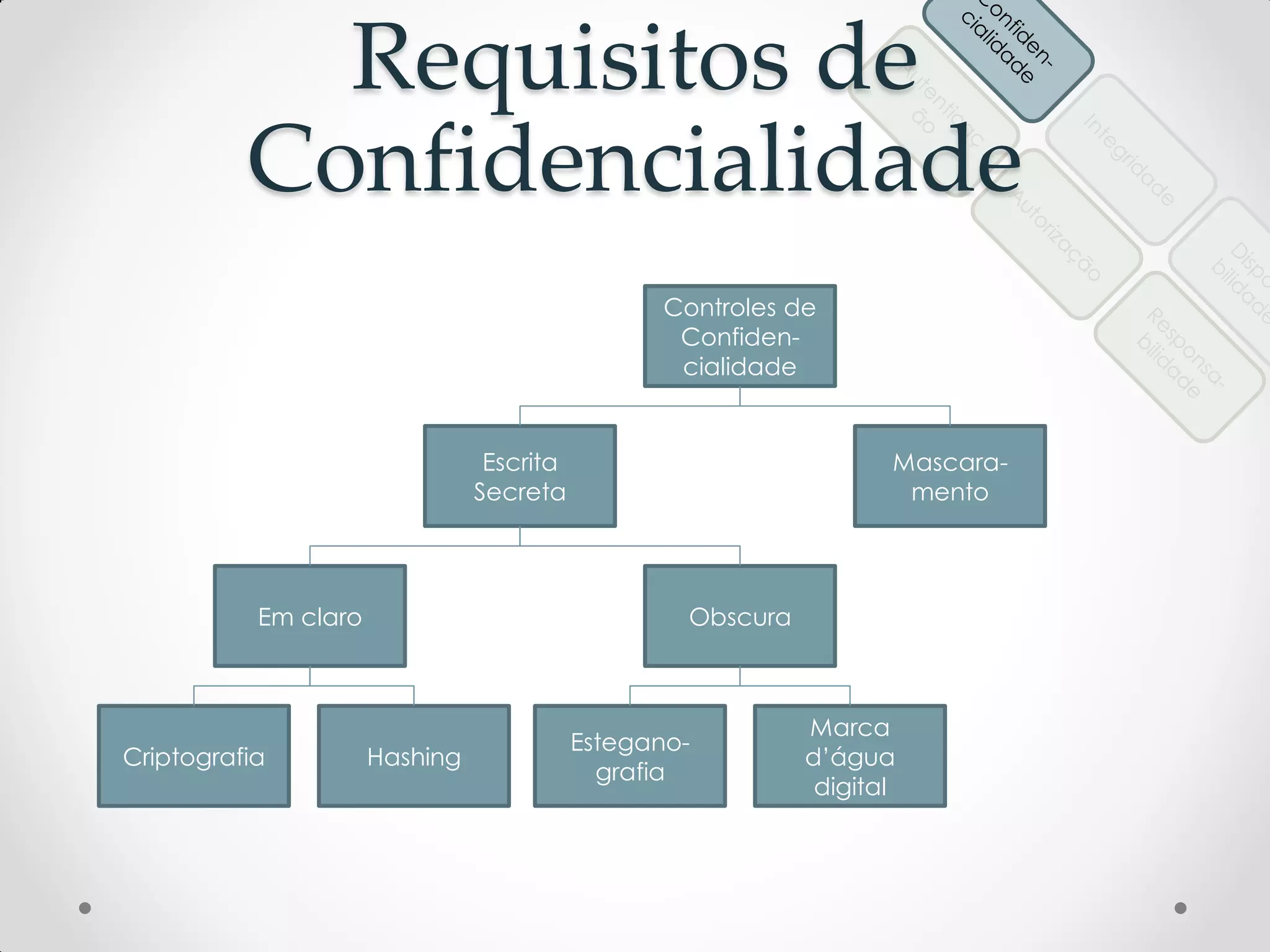 Requisitos de
Confidencialidade
Controles de
Confiden-
cialidade
Escrita
Secreta
Mascara-
mento
Em claro Obscura
Criptografia Hashing
Estegano-
grafia
Marca
d’água
digital
 