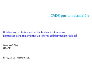  
                                    
                                                                  
                                       CADE por la educación 
                                    
                                    
                                    
                                    
Brechas entre oferta y demanda de recursos humanos 
Elementos para implementar un sistema de información regional 
 
 
Juan José Díaz 
GRADE 
 
 
Lima, 10 de mayo de 2012 
                                    
 
