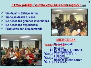 Sin dejar tu trabajo actual. Trabajas desde tu casa. No necesitas grandes inversiones. No necesitas experiencia. Productos con alta demanda. Plan para pasar de Empleado a Empresario Ganas $ rápido. No jefes. No empleados. Libertad. Nadie te puede correr. MIERCOLES Tarde: 6-8 pm COSTO DEL CURSO $25 Todo el Curso ó $50 supervisor. $15 por clase. CURSO  5X5  “UNIVERSIDAD DEL EXITO” 
