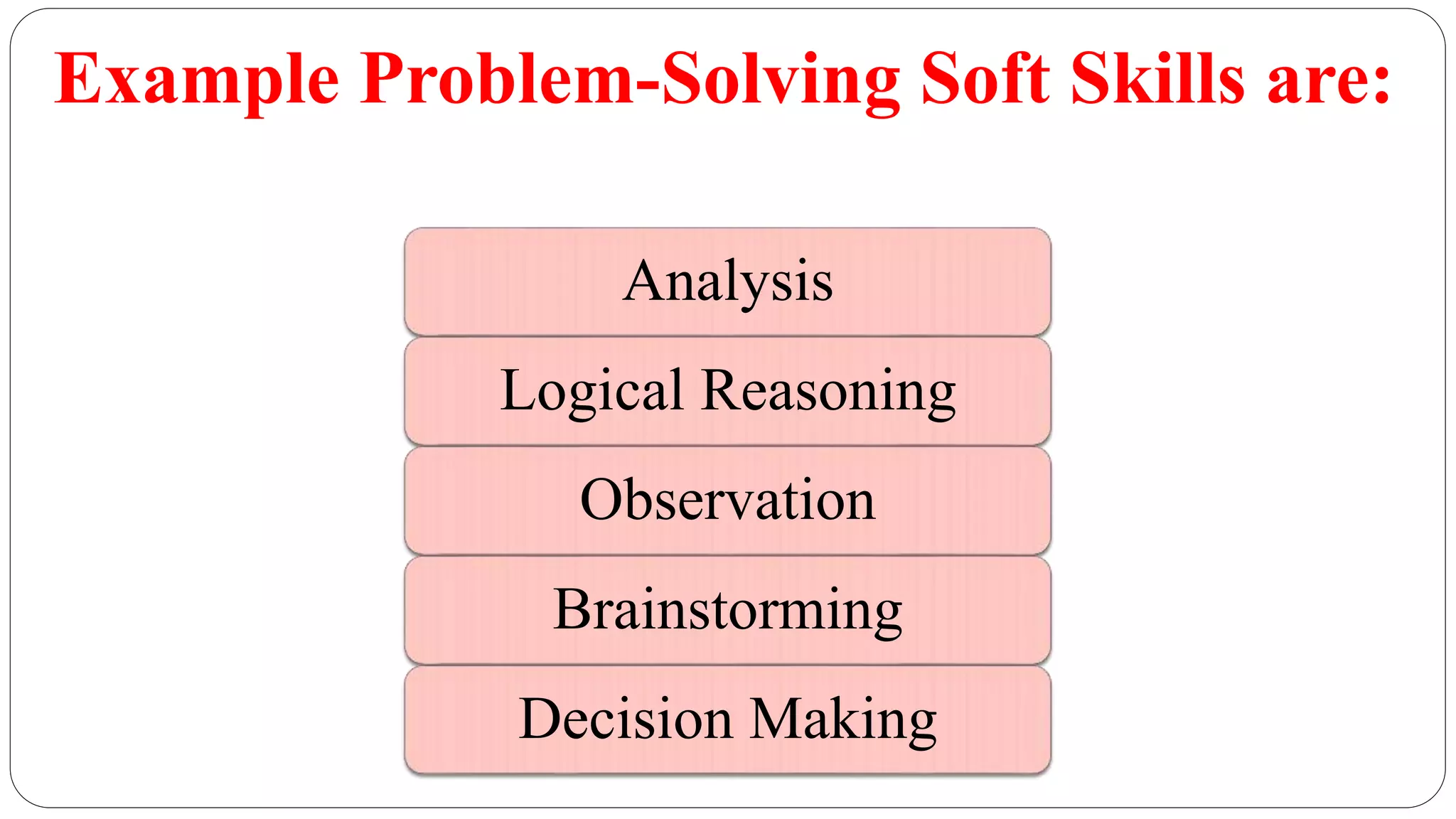 Example Problem-Solving Soft Skills are:
Analysis
Logical Reasoning
Observation
Brainstorming
Decision Making
 