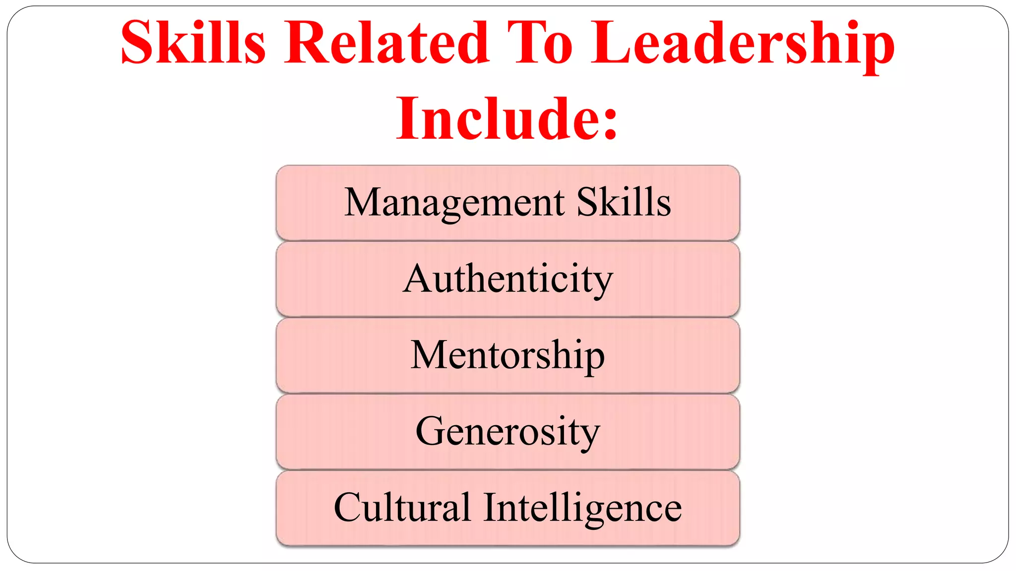 Skills Related To Leadership
Include:
Management Skills
Authenticity
Mentorship
Generosity
Cultural Intelligence
 