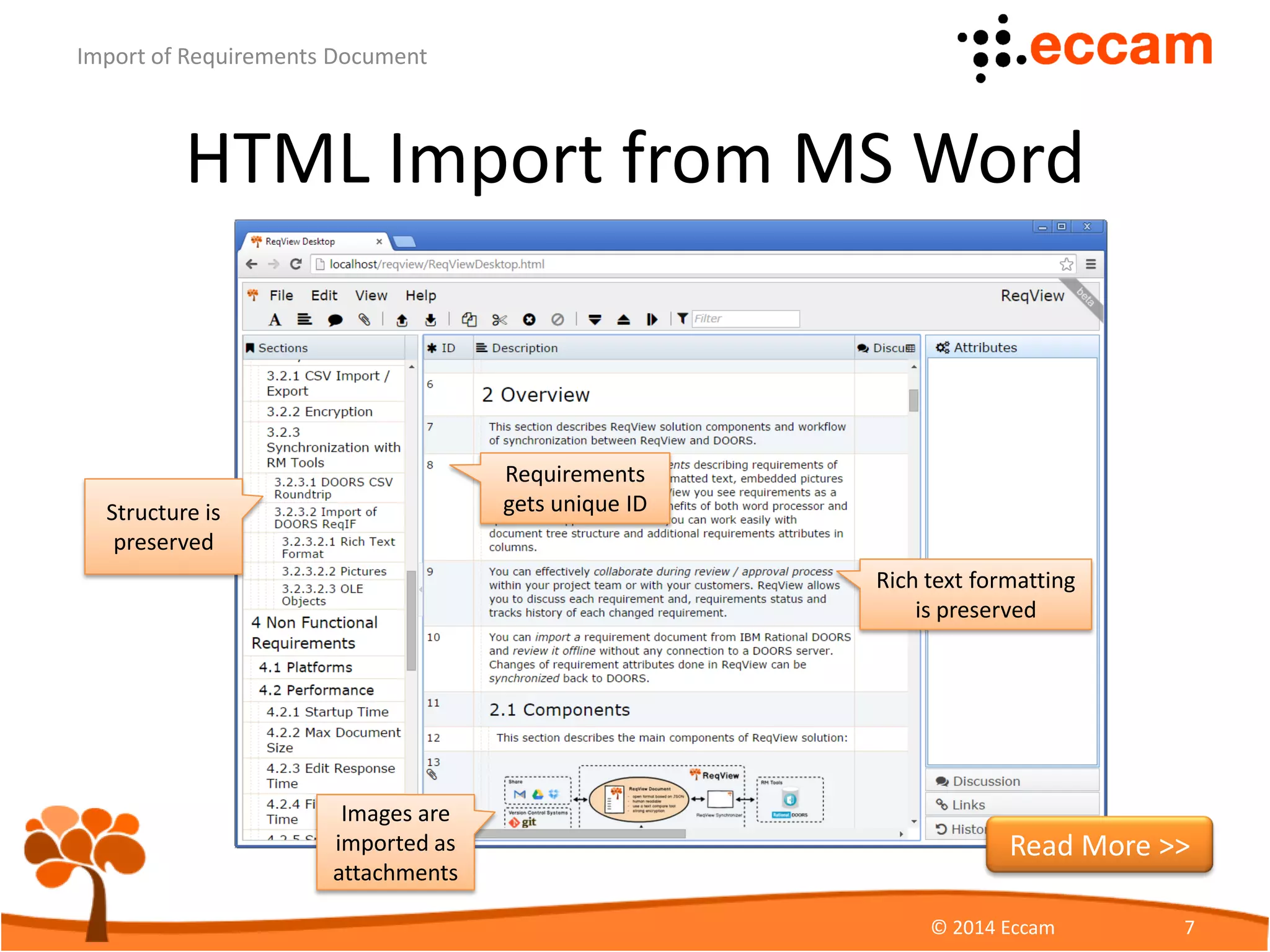 HTML Import from MS Word
ReqView - Import of Requirements Document
© Eccam 7
Structure is
preserved
Requirements
gets unique ID
Rich text formatting
is preserved
Read More >>
 