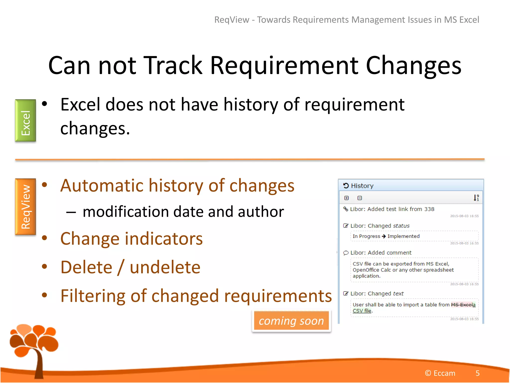 Can not Track Requirement Changes
• Excel does not have history of requirement
changes.
• Automatic history of changes
– modification date and author
• Change indicators
• Delete / undelete
• Filtering of changed requirements
ReqView - Towards Requirements Management Issues in MS Excel
© Eccam 5
ExcelReqView
coming soon
 