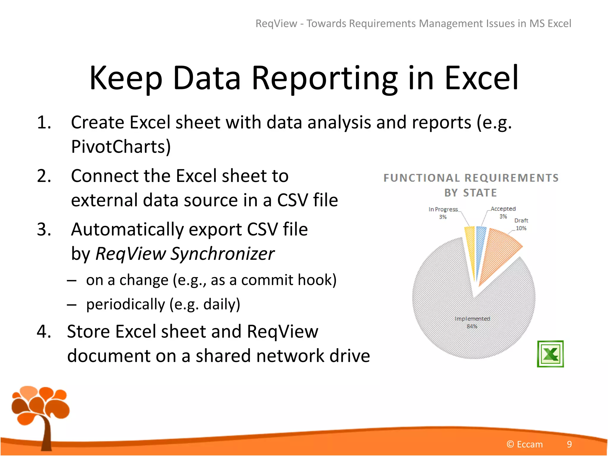 Keep Data Reporting in Excel
1. Create Excel sheet with data analysis and reports (e.g.
PivotCharts)
2. Connect the Excel sheet to
external data source in a CSV file
3. Automatically export CSV file
by ReqView Synchronizer
– on a change (e.g., as a commit hook)
– periodically (e.g. daily)
4. Store Excel sheet and ReqView
document on a shared network drive
ReqView - Towards Requirements Management Issues in MS Excel
© Eccam 9
 
