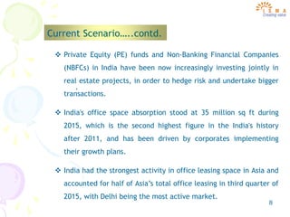 8
Current Scenario…..contd.
.
 Private Equity (PE) funds and Non-Banking Financial Companies
(NBFCs) in India have been now increasingly investing jointly in
real estate projects, in order to hedge risk and undertake bigger
transactions.
 India's office space absorption stood at 35 million sq ft during
2015, which is the second highest figure in the India's history
after 2011, and has been driven by corporates implementing
their growth plans.
 India had the strongest activity in office leasing space in Asia and
accounted for half of Asia’s total office leasing in third quarter of
2015, with Delhi being the most active market.
 