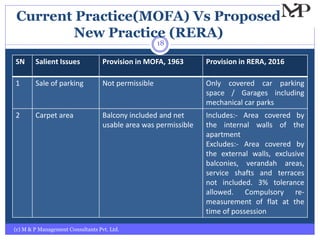 Current Practice(MOFA) Vs Proposed
New Practice (RERA)
(c) M & P Management Consultants Pvt. Ltd.
18
SN Salient Issues Provision in MOFA, 1963 Provision in RERA, 2016
1 Sale of parking Not permissible Only covered car parking
space / Garages including
mechanical car parks
2 Carpet area Balcony included and net
usable area was permissible
Includes:- Area covered by
the internal walls of the
apartment
Excludes:- Area covered by
the external walls, exclusive
balconies, verandah areas,
service shafts and terraces
not included. 3% tolerance
allowed. Compulsory re-
measurement of flat at the
time of possession
 
