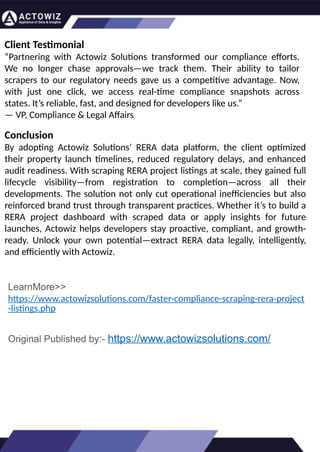 How to Effectively Use Competitor Price
Trackers: Operational Guidance and Benefits
Introductio
n
In the dynamic landscape of eCommerce, pricing strategy stands paramount, especially for digital
storefronts. Modern consumers are discerning, often prioritizing price comparison as a pivotal step before
purchasing. The allure of securing the best deals and most competitive prices drives this behavior.
Consequently, a significant portion of online shoppers actively engage in price monitoring across various
platforms. Recognizing this trend, online retailers must adeptly employ competitor price trackers to stay
ahead.
By leveraging retail data scraping techniques, businesses can collect comprehensive retail data, offering
insights into the broader market's pricing landscape. Such price intelligence empowers retailers to craft a
robust pricing strategy, bolstering sales, enhancing profit margins, and fostering customer loyalty.
Moreover, a data-driven eCommerce pricing approach ensures competitiveness, with dynamic pricing
becoming increasingly prevalent.
In essence, utilizing a competent competitor price tracker facilitates effective pricing optimization and
solidifies a retailer's position in the fiercely competitive eCommerce arena.
How to Use Zomato API to Scrape Restaurant
Data – A Detailed Guide
In the dynamic world of digital gastronomy, where culinary delights and dining experiences are
increasingly explored and celebrated online, the demand for up-to-date restaurant data is
insatiable. As food enthusiasts and businesses seek the latest insights into menus, reviews, and
more, the Zomato API emerges as a powerful tool for scraping this invaluable information.
Introduction
Our comprehensive guide delves into the intricate art of utilizing the Zomato API to scrape
restaurant data. Whether you're a restaurateur striving to understand your competitors, a food
blogger searching for fresh content, or a data enthusiast eager to explore culinary trends, this
guide will serve as your compass in the world of data extraction.
We will navigate through the intricacies of Zomato Scraper, uncovering its capabilities to provide
you with rich, real-time restaurant data. From scraping restaurant details to accessing customer
reviews, our detailed guide ensures that you harness the full potential of this resource.
What are Datasets? - A Comprehensive Guide
This blog will provide a comprehensive overview of datasets, including their definition, different
types of datasets, and strategies for maximizing the value of data.
What is a Dataset?
Extracting Information from TripAdvisor: A
Guide to Scraping Data from Hotels and
Restaurants
Introduction
Leveraging the appropriate API makes scraping TripAdvisor on a large scale a straightforward task.
You don't need to possess advanced computer skills to achieve this. Our comprehensive, step-by-
step guide is designed to walk you through extracting data from TripAdvisor using a user-friendly
web scraping tool.
TripAdvisor stands out as a powerhouse with an extensive database comprising over 8 million
locations, 1 billion reviews, and support for 29 languages. As of 2022, when the cumulative reviews
surpassed the one billion mark, it became evident that TripAdvisor's meticulous gaze would soon
cover every restaurant, hotel, vacation rental, or attraction listing.
Amidst TripAdvisor's vast sea of information lies a treasure trove awaiting extraction, analysis, and
innovative presentation. For those in the tourism, hospitality, or travel sectors, harnessing
TripAdvisor data proves invaluable for monitoring competitors and supporting strategic business
decisions. The TripAdvisor Scraper facilitates seamless and rapid web scraping, offering the most
straightforward route to consistently obtaining data at scale. This article delves into the myriad
benefits of scraping TripAdvisor, shedding light on how this process can be initiated, including
exploring the initial steps involving API utilization. Dive into the realm of data-driven insights with
TripAdvisor scraping.
Unlocking the Potential: The
Advantages of Scraping TripAdvisor
Data
Client Testimonial
“Partnering with Actowiz Solutions transformed our compliance efforts.
We no longer chase approvals—we track them. Their ability to tailor
scrapers to our regulatory needs gave us a competitive advantage. Now,
with just one click, we access real-time compliance snapshots across
states. It’s reliable, fast, and designed for developers like us.”
— VP, Compliance & Legal Affairs
Conclusion
By adopting Actowiz Solutions’ RERA data platform, the client optimized
their property launch timelines, reduced regulatory delays, and enhanced
audit readiness. With scraping RERA project listings at scale, they gained full
lifecycle visibility—from registration to completion—across all their
developments. The solution not only cut operational inefficiencies but also
reinforced brand trust through transparent practices. Whether it’s to build a
RERA project dashboard with scraped data or apply insights for future
launches, Actowiz helps developers stay proactive, compliant, and growth-
ready. Unlock your own potential—extract RERA data legally, intelligently,
and efficiently with Actowiz.
LearnMore>>
https://www.actowizsolutions.com/faster-compliance-scraping-rera-project
-listings.php
Original Published by:- https://www.actowizsolutions.com/
 