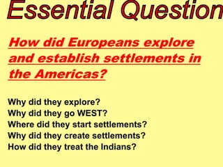 How did Europeans explore 
and establish settlements in 
the Americas? 
Why did they explore? 
Why did they go WEST? 
Where did they start settlements? 
Why did they create settlements? 
How did they treat the Indians? 
 