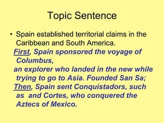 Topic Sentence 
• Spain established territorial claims in the 
Caribbean and South America. 
First, Spain sponsored the voyage of 
Columbus, 
an explorer who landed in the new while 
trying to go to Asia. Founded San Sa; 
Then, Spain sent Conquistadors, such 
as and Cortes, who conquered the 
Aztecs of Mexico. 
 