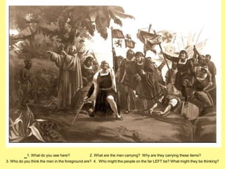 1. What do you see here? 2. What are the men carrying? Why are they carrying these items? 
3. Who do you think the men in the foreground are? 4. Who might the people on the far LEFT be? What might they be thinking? 
 