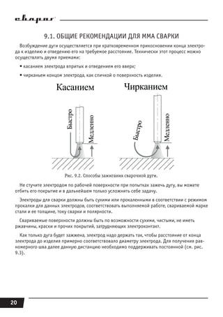 20
9.1. ОБЩИЕ РЕКОМЕНДАЦИИ ДЛЯ MMA СВАРКИ
Возбуждение дуги осуществляется при кратковременном прикосновении конца электро-
да к изделию и отведению его на требуемое расстояние. Технически этот процесс можно
осуществлять двумя приемами:
• касанием электрода впритык и отведением его вверх;
• чирканьем концом электрода, как спичкой о поверхность изделия.
Рис. 9.2. Способы зажигания сварочной дуги.
Не стучите электродом по рабочей поверхности при попытках зажечь дугу, вы можете
отбить его покрытие и в дальнейшем только усложнить себе задачу.
Электроды для сварки должны быть сухими или прокаленными в соответствии с режимом
прокалки для данных электродов, соответствовать выполняемой работе, свариваемой марке
стали и ее толщине, току сварки и полярности.
Свариваемые поверхности должны быть по возможности сухими, чистыми, не иметь
ржавчины, краски и прочих покрытий, затрудняющих электроконтакт.
Как только дуга будет зажжена, электрод надо держать так, чтобы расстояние от конца
электрода до изделия примерно соответствовало диаметру электрода. Для получения рав-
номерного шва далее данную дистанцию необходимо поддерживать постоянной (см. рис.
9.3).
 